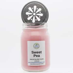 Front view of Sweet Pea — Mason Jar with the lid on its side